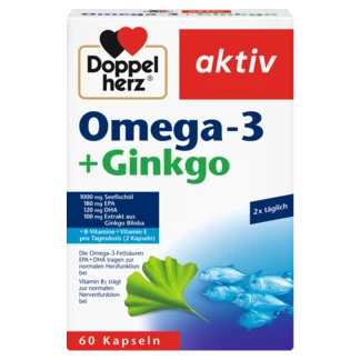 Doppelherz aktiv Omega-3 + Ginko Prednji pogled Retuširani prednji pogled Zadnji pogled Pogled sa leve strane Pogled sa desne strane