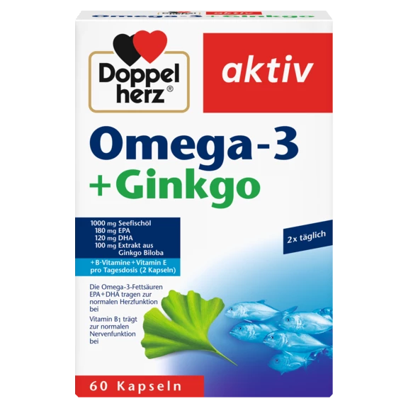 Doppelherz aktiv Omega-3 + Ginko Prednji pogled Retuširani prednji pogled Zadnji pogled Pogled sa leve strane Pogled sa desne strane