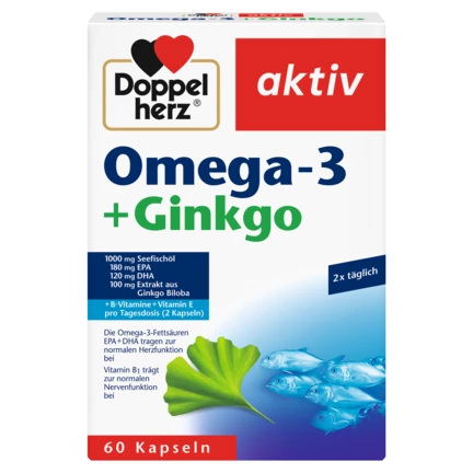 Doppelherz aktiv Omega-3 + Ginko Prednji pogled Retuširani prednji pogled Zadnji pogled Pogled sa leve strane Pogled sa desne strane