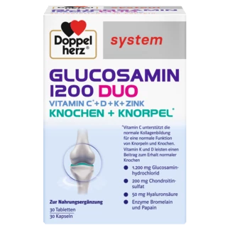 Doppelherz system GLUKOZAMIN 1200 DUO Prednji pogled Retuširani prednji pogled Zadnji pogled Pogled sa leve strane Pogled sa desne strane