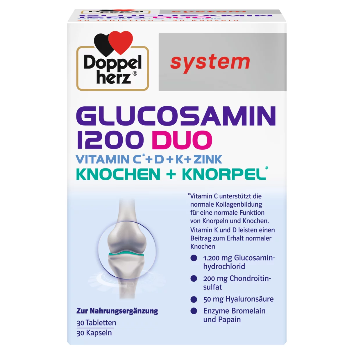Doppelherz system GLUKOZAMIN 1200 DUO Prednji pogled Retuširani prednji pogled Zadnji pogled Pogled sa leve strane Pogled sa desne strane