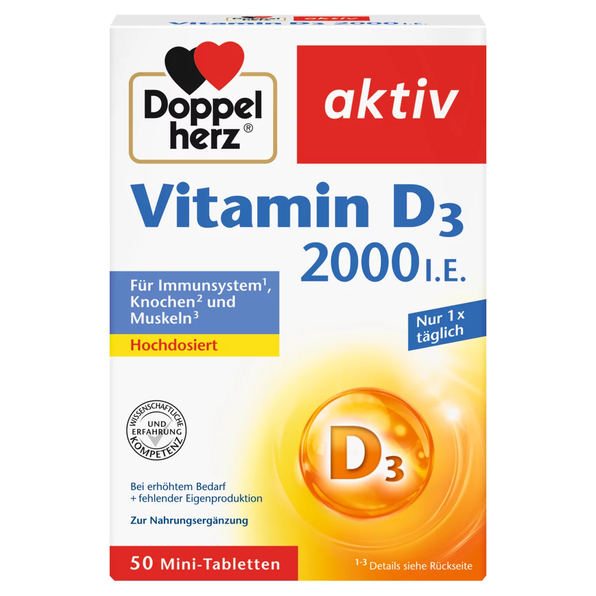 Doppelherz aktiv Vitamin D3 2000 I.E. Prednji pogled Retuširani prednji pogled Zadnji pogled Pogled sa leve strane Pogled sa desne strane