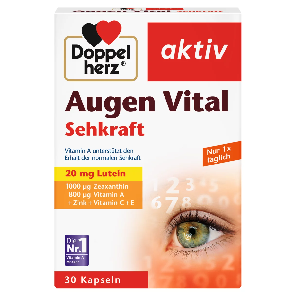 Doppelherz aktiv Vitamini i minerali za oci Prednji pogled Retuširani prednji pogled Zadnji pogled Pogled sa leve strane Pogled sa desne strane