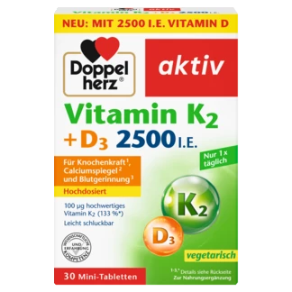 Doppelherz aktiv Vitamin K2 + D3 2500 IJ Prednji pogled Retuširani prednji pogled Zadnji pogled Pogled sa leve strane Pogled sa desne strane