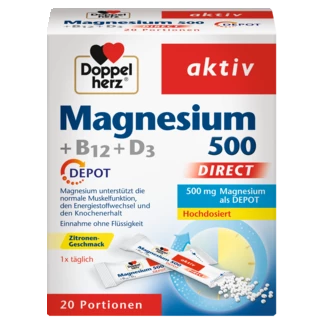 Doppelherz aktiv Magnezijum 500 + B12 + D3 DEPO DIRECT Prednji pogled Retuširani prednji pogled Zadnji pogled Pogled sa leve strane Pogled sa desne strane