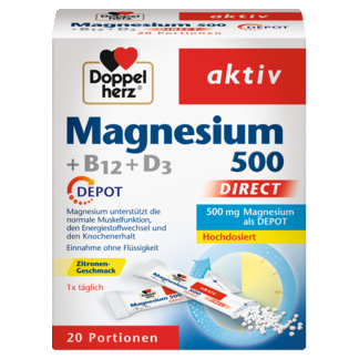Illustration of the product packaging Doppelherz aktiv Magnezijum 500 + B12 + D3 DEPO DIRECT front view