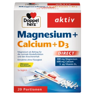 Doppelherz aktiv Magnezijum + Kalcijum + D3 DIRECT Prednji pogled Retuširani prednji pogled Zadnji pogled Pogled sa leve strane Pogled sa desne strane