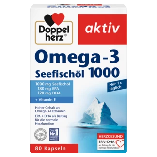 Doppelherz aktiv Omega-3 Ulja morskih riba 1000 Prednji pogled Retuširani prednji pogled Zadnji pogled Pogled sa leve strane Pogled sa desne strane