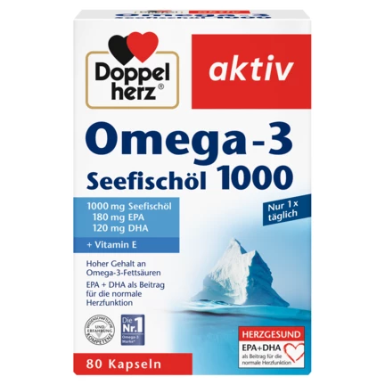 Doppelherz aktiv Omega-3 Ulja morskih riba 1000 Prednji pogled Retuširani prednji pogled Zadnji pogled Pogled sa leve strane Pogled sa desne strane