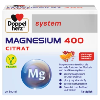 Doppelherz system MAGNEZIJUM 400 CITRAT Prednji pogled Retuširani prednji pogled Zadnji pogled Pogled sa leve strane Pogled sa desne strane