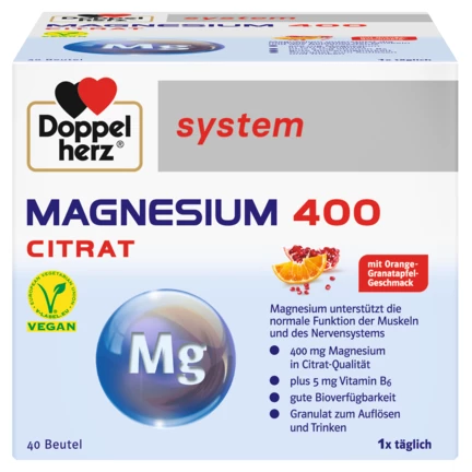 Doppelherz system MAGNEZIJUM 400 CITRAT Prednji pogled Retuširani prednji pogled Zadnji pogled Pogled sa leve strane Pogled sa desne strane