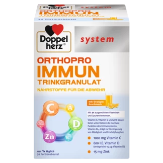 Doppelherz system ORTHOPRO IMMUN GRANULE U KESICAMA  Prednji pogled Retuširani prednji pogled Zadnji pogled Pogled sa leve strane Pogled sa desne strane