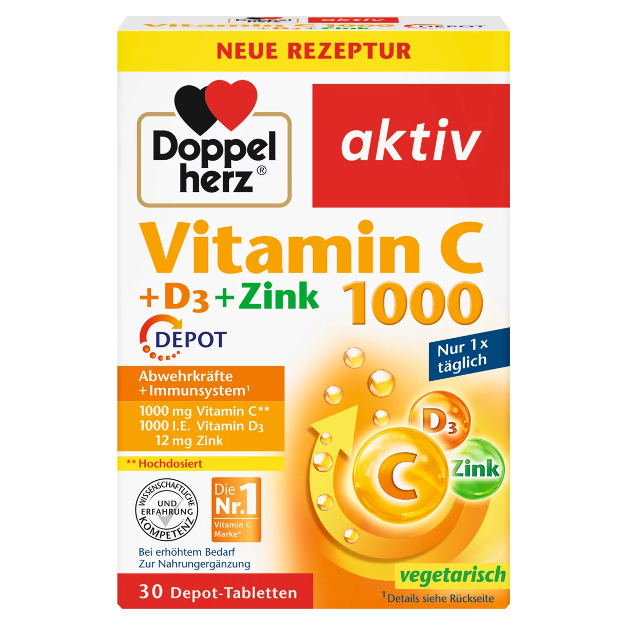 Doppelherz aktiv Vitamin C 1000 Prednji pogled Retuširani prednji pogled Zadnji pogled Pogled sa leve strane Pogled sa desne strane